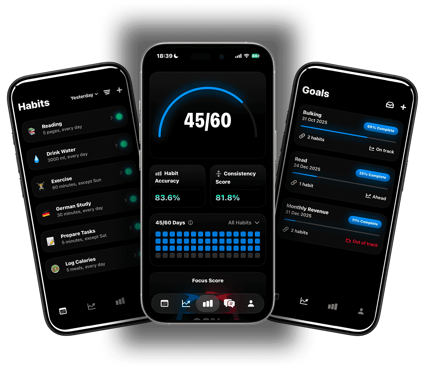 Pattrn app hero section showing habits, insights with focus score, and goal tracking on three iPhone screens